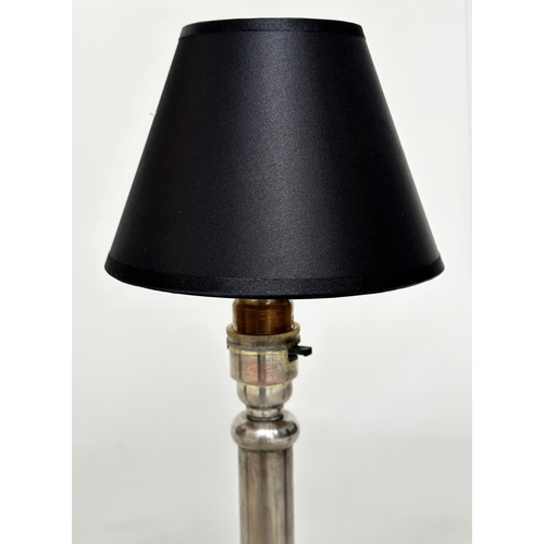 396 - TABLE LAMPS, a pair, Georgian style silvered of column form with shades, 42cm H. (2)