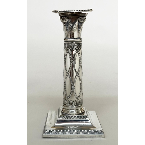 398 - CANDLESTICKS, a pair, George V silver with swag decorated columns and square bases Sheffield 1928 Th... 