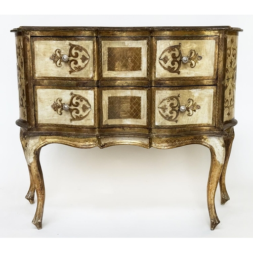 399 - FLORENTINE COMMODE, mid 20th century Italian Florentine serpentine outline cream parcel gilt with tw... 