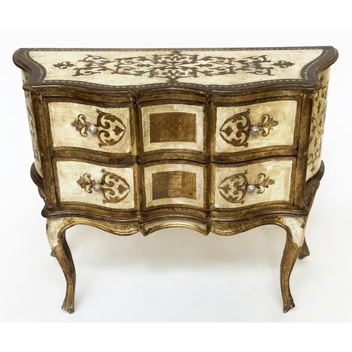 399 - FLORENTINE COMMODE, mid 20th century Italian Florentine serpentine outline cream parcel gilt with tw... 