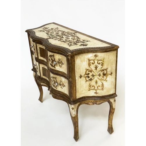 399 - FLORENTINE COMMODE, mid 20th century Italian Florentine serpentine outline cream parcel gilt with tw... 