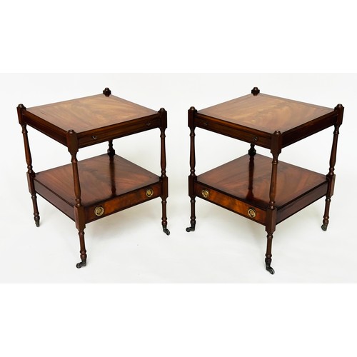 389 - LAMP TABLES, a pair, George III design, flame mahogany, each with brushing slide, undertier and a dr... 