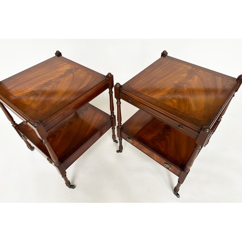 389 - LAMP TABLES, a pair, George III design, flame mahogany, each with brushing slide, undertier and a dr... 