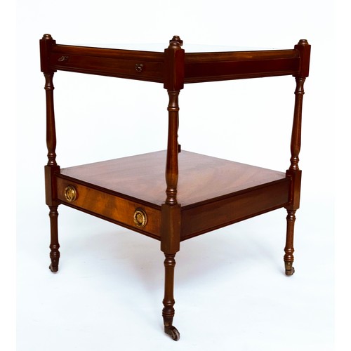 389 - LAMP TABLES, a pair, George III design, flame mahogany, each with brushing slide, undertier and a dr... 