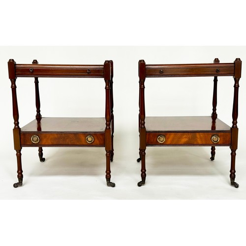 389 - LAMP TABLES, a pair, George III design, flame mahogany, each with brushing slide, undertier and a dr... 