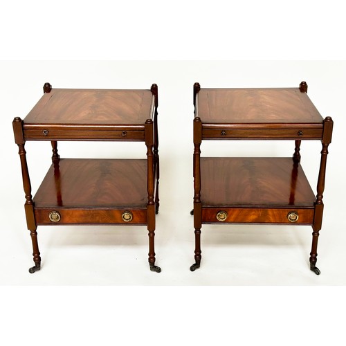 389 - LAMP TABLES, a pair, George III design, flame mahogany, each with brushing slide, undertier and a dr... 