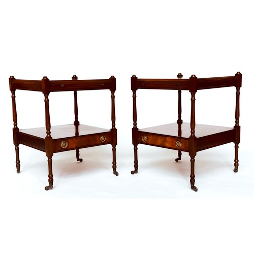 389 - LAMP TABLES, a pair, George III design, flame mahogany, each with brushing slide, undertier and a dr... 