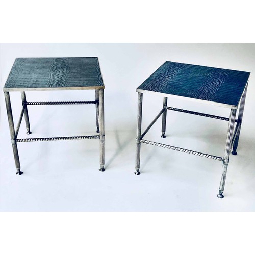 336 - SIDE TABLES, a pair, silvered metal with faux crocodile real leather inset square tops and stretcher... 