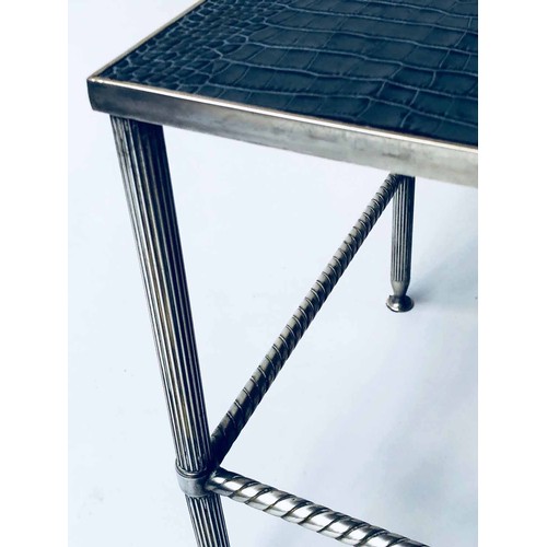 336 - SIDE TABLES, a pair, silvered metal with faux crocodile real leather inset square tops and stretcher... 