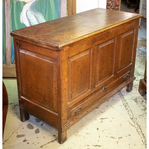 670 - MULE CHEST, 76cm H x 112cm W x 47cm D, Georgian oak with hinged top and drawer below.