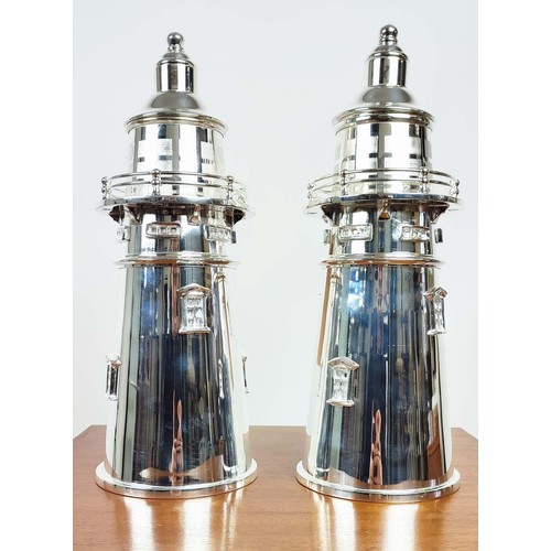 644 - COCKTAIL SHAKERS, a pair, in the form of lighthouses polished metal, 35cm H x each. (2)