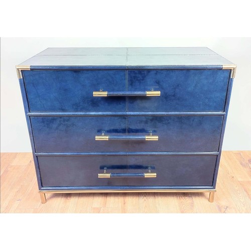 645 - CHEST OF DRAWERS, 87cm high, 100cm wide, 46cm deep, blue leathered finish, three drawers.