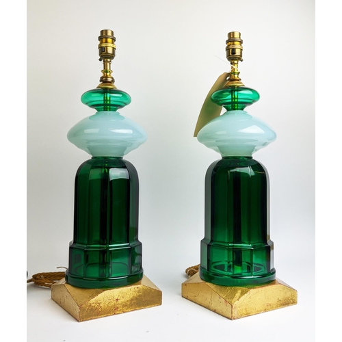 403 - CENEDESE MURANO GLASS TABLE LAMPS, a pair, with an alexandrite glass centres which changes colour de... 