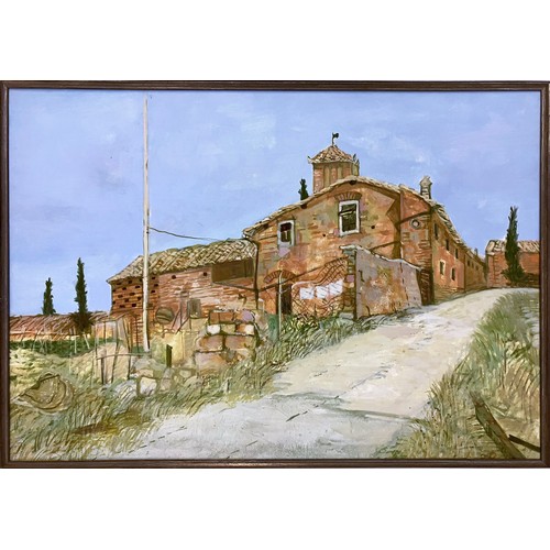 107 - RICHARD BEER (1928-2017), 'Tuscan farmhouse and church', oil on canvas, 48cm x 68cm, signed bottom r... 