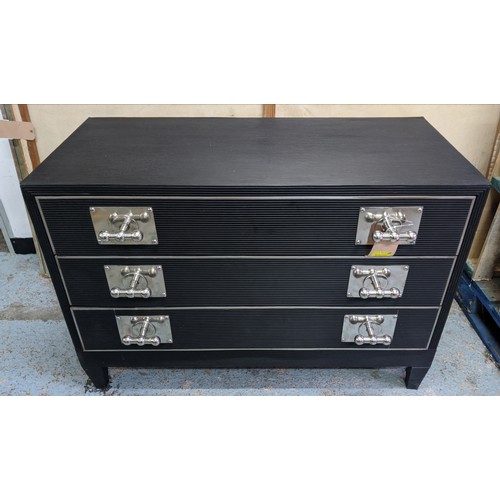 639 - CHEST OF DRAWERS, 113.5cm x 58cm x 77.5cm, ridged black finish with three drawers, oversized polishe... 