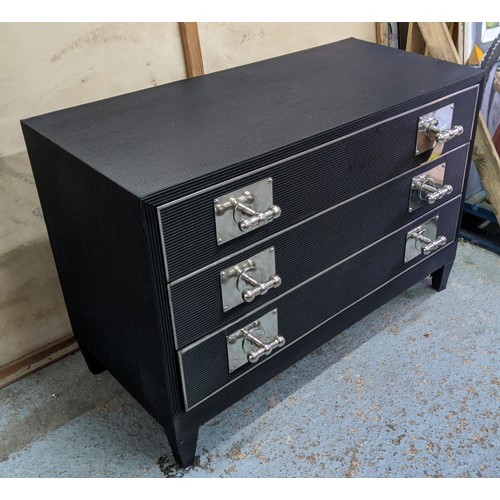 639 - CHEST OF DRAWERS, 113.5cm x 58cm x 77.5cm, ridged black finish with three drawers, oversized polishe... 