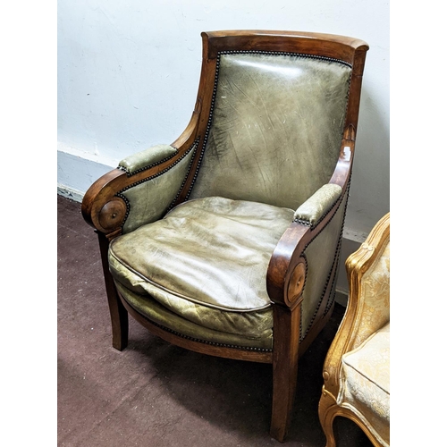 358 - BERGERE, 100cm H x 71cm, Restauration walnut, circa 1825, in green leather.