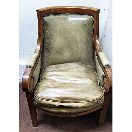 358 - BERGERE, 100cm H x 71cm, Restauration walnut, circa 1825, in green leather.