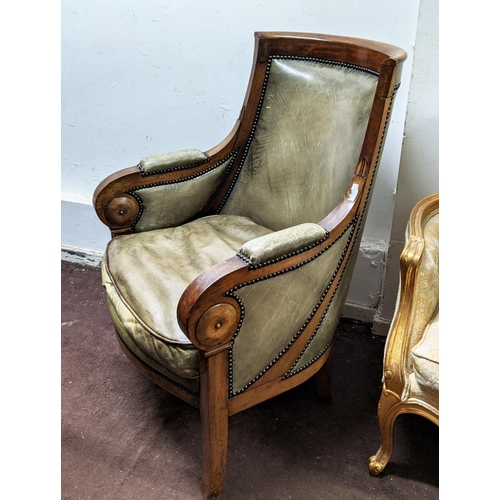 358 - BERGERE, 100cm H x 71cm, Restauration walnut, circa 1825, in green leather.