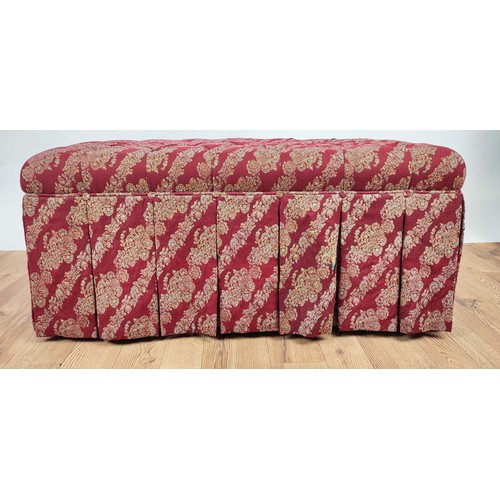 407 - GEORGE SMITH OTTOMANS, a pair, red patterned fabric upholstery, on castors, 60cm D x 45cm H x 95cm W... 