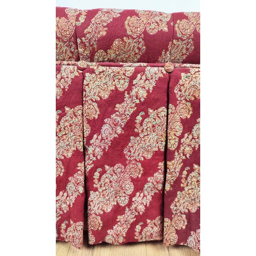 407 - GEORGE SMITH OTTOMANS, a pair, red patterned fabric upholstery, on castors, 60cm D x 45cm H x 95cm W... 