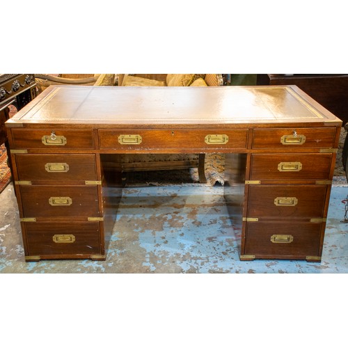 350 - CAMPAIGN STYLE PEDESTAL DESK, 75cm H x 151cm x 80cm, mahogany and brass bound with green leather top... 