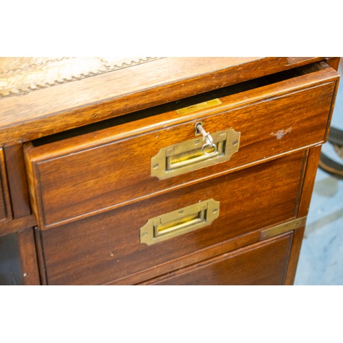 350 - CAMPAIGN STYLE PEDESTAL DESK, 75cm H x 151cm x 80cm, mahogany and brass bound with green leather top... 