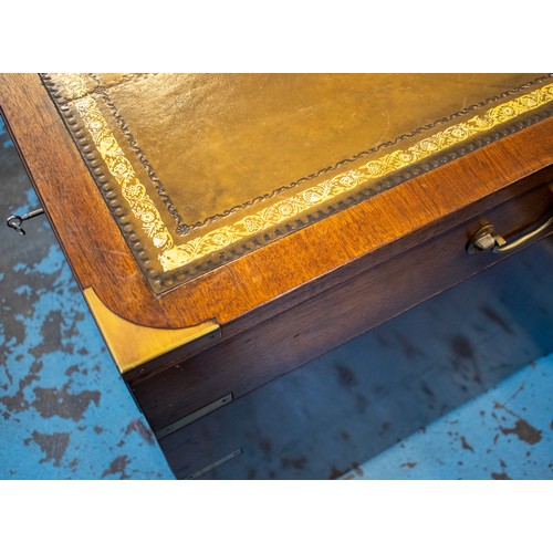 350 - CAMPAIGN STYLE PEDESTAL DESK, 75cm H x 151cm x 80cm, mahogany and brass bound with green leather top... 