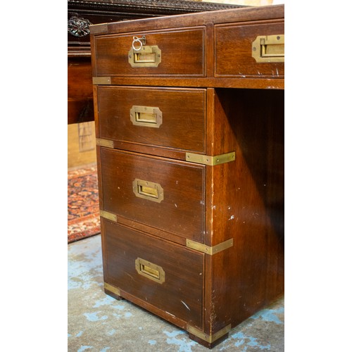 350 - CAMPAIGN STYLE PEDESTAL DESK, 75cm H x 151cm x 80cm, mahogany and brass bound with green leather top... 