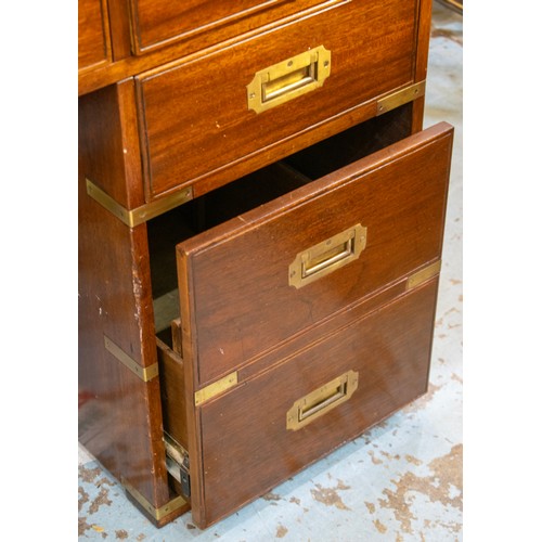 350 - CAMPAIGN STYLE PEDESTAL DESK, 75cm H x 151cm x 80cm, mahogany and brass bound with green leather top... 