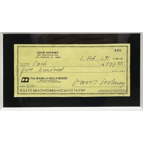 144 - DAVID HOCKNEY SIGNED CHEQUE, dated 1st February 1991, bank cheque to cash for $500 featuring Hockney... 