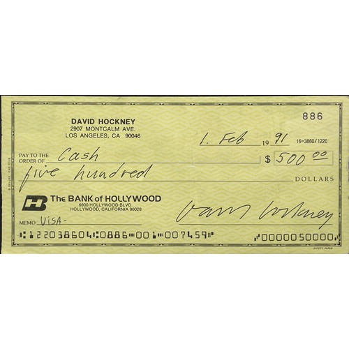 144 - DAVID HOCKNEY SIGNED CHEQUE, dated 1st February 1991, bank cheque to cash for $500 featuring Hockney... 