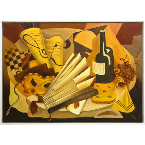 118 - CAROLYN HUBBARD FORD (b.1947), 'A Theatrical Dinner, Still Life with Masque, Music, Wine Bottle and ... 