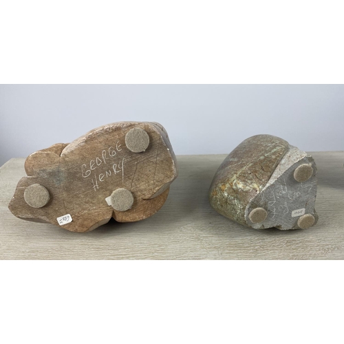 37 - INUIT SOAPSTONE AND MARBLE CARVINGS, three, from Canada signed along with three pieces of Roman glas... 