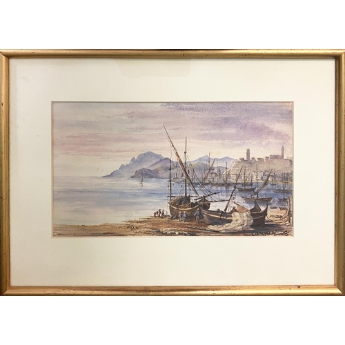 99 - MANNER OF EDWARD LEAR, 'A view of the Bay of Cannes', watercolour, 15cm x 28cm, framed.