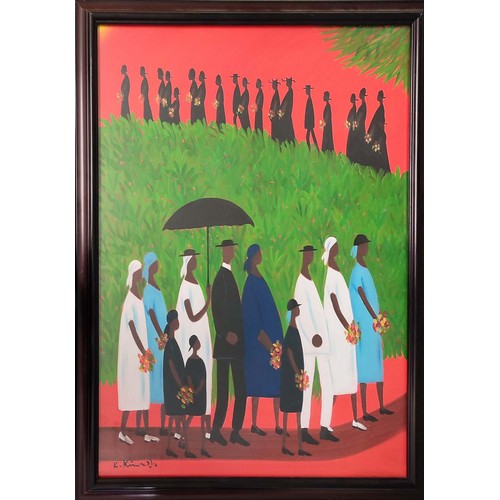 131 - AFTER ELLIS WILSON (1899-1977), 'Funeral procession', oil on canvas, 60cm x 49cm, framed.