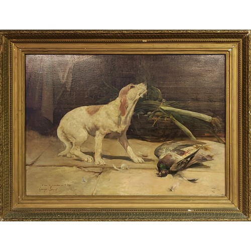 92 - GEORGE HENRI FAVEL, 'Trouble in store, hound in a interior', oil on canvas, 89cm x 62cm, framed.