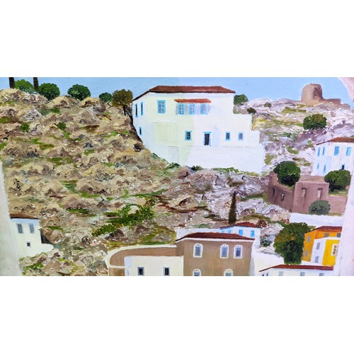 265 - 20TH CENTURY SCHOOL, 'Hydra, The Aegean', oil on canvas, 175cm x 240cm, four fold screen.