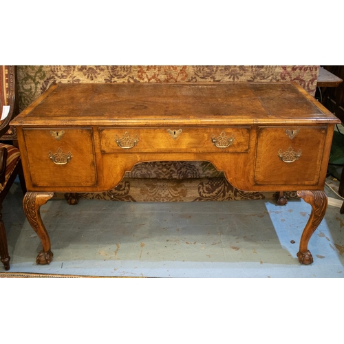 166 - WRITING TABLE, 76cm H x 138cm x 68cm, early 20th century George I style walnut with brown leather to... 