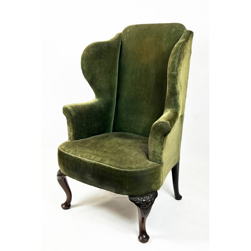 167 - WING ARMCHAIR, 120cm H x 84cm W x 65cm D, 19th century walnut in old green corduroy