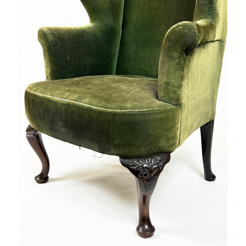 167 - WING ARMCHAIR, 120cm H x 84cm W x 65cm D, 19th century walnut in old green corduroy