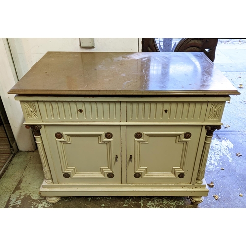 175 - SWEDISH SIDE CABINET, late 19th century cream painted and marble topped comprising two drawers over ... 