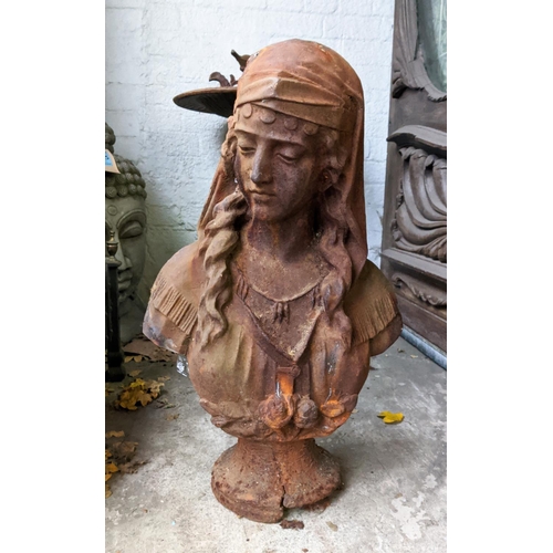 177 - GARDEN STATUE, bust of a maiden, 63cm H, cast iron.