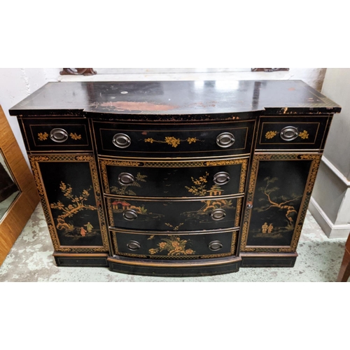 184 - SIDE CABINET, early 20th century in an ebonised and gilt chinoserie finish, 138cm W x 55cm D x 95cm ... 