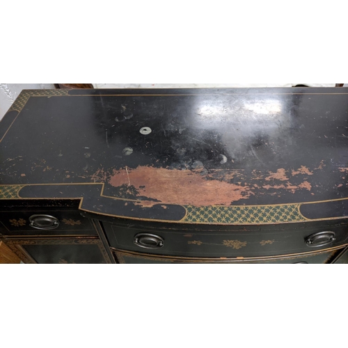 184 - SIDE CABINET, early 20th century in an ebonised and gilt chinoserie finish, 138cm W x 55cm D x 95cm ... 