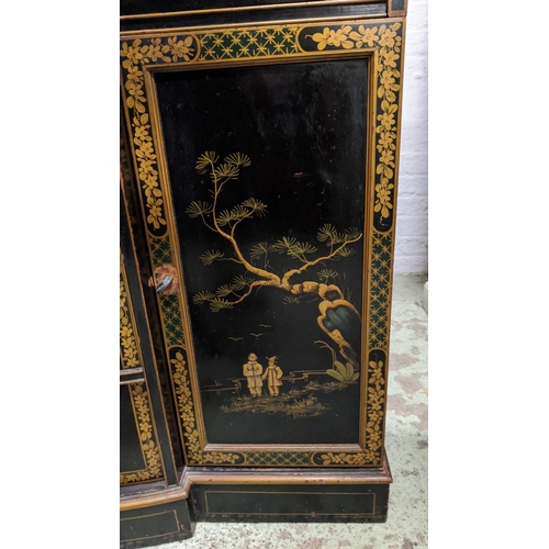 184 - SIDE CABINET, early 20th century in an ebonised and gilt chinoserie finish, 138cm W x 55cm D x 95cm ... 