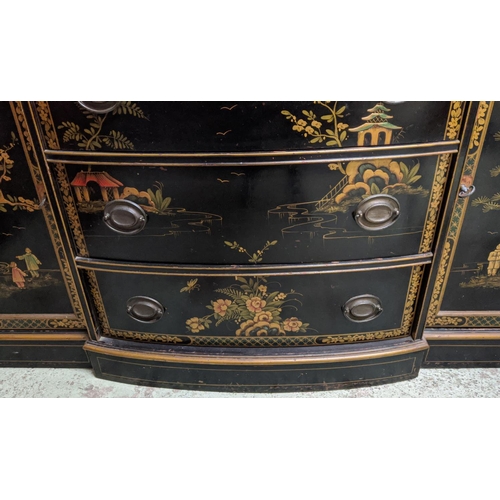 184 - SIDE CABINET, early 20th century in an ebonised and gilt chinoserie finish, 138cm W x 55cm D x 95cm ... 