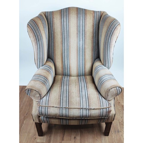 195 - A GEORGE III STYLE WING BACK ARMCHAIR, hand made by Hart Villa Interiors, striped fabric upholstery,... 