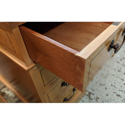 196 - PEDESTAL DESK, 138cm x 77cm x 81cm H, birds eye maple with an inlaid, reproduction brown leather wri... 