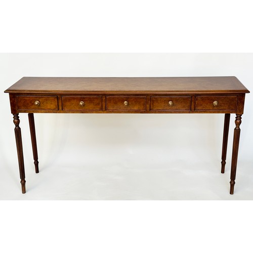 393 - HALL TABLE, George III design, burr walnut and crossbanded, rectangular with five frieze drawers and... 